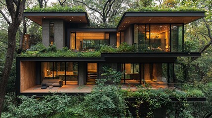 A modern hillside house in the forest with a terrace overlooking the dense treetops and forest floor