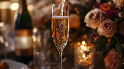 Sparkling champagne being poured into flute with romantic roses and candlelight