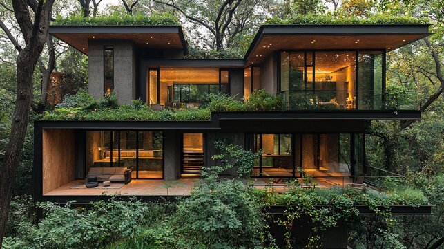 A modern hillside house in the forest with a terrace overlooking the dense treetops and forest floor