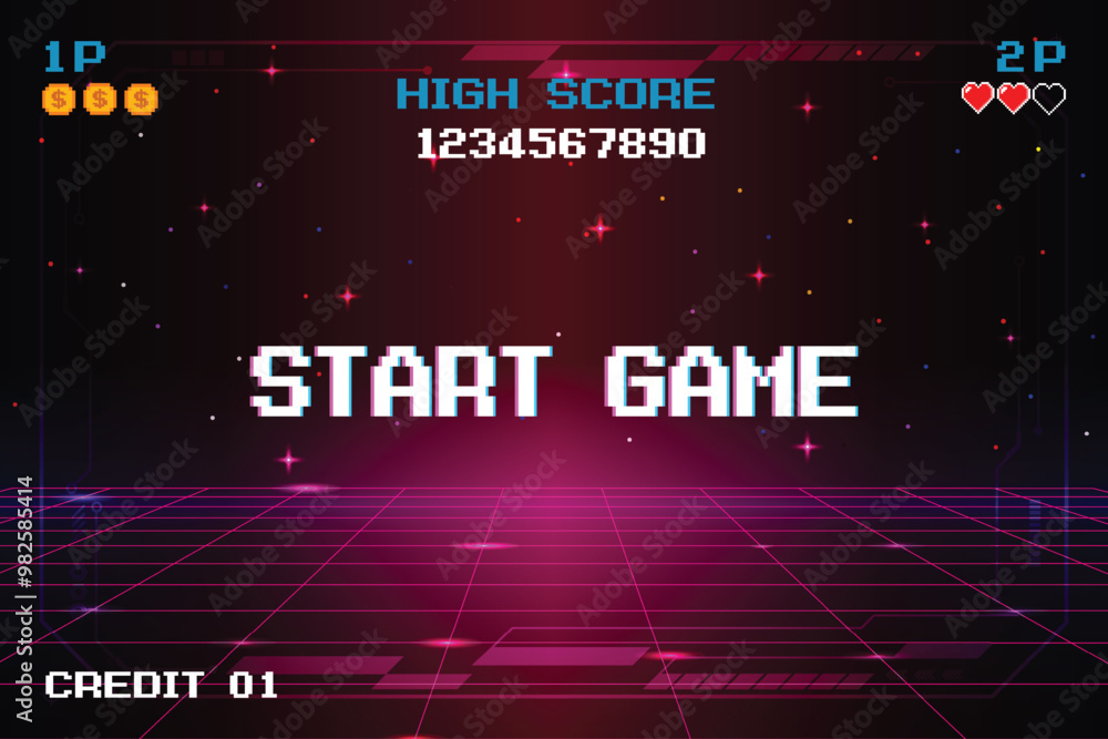 Aufkleber start game. pixel art .8 bit game. retro video game. for game assets. retro futurism sci-fi backgrou