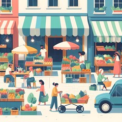 Flat Design Busy Street Market