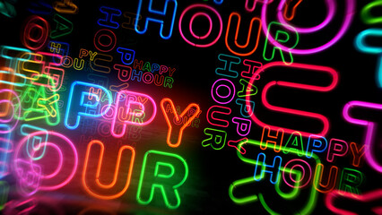 Happy hour promotion neon light 3d illustration