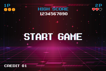 START GAME. pixel art .8 bit game. retro video game. for game assets. Retro Futurism Sci-Fi Background. glowing neon grid and star from vintage arcade computer games