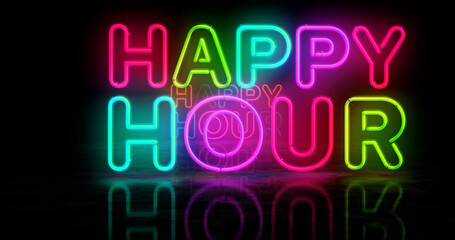 Happy hour promotion neon light 3d illustration