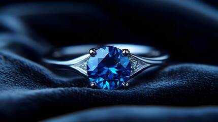 Elegant blue gemstone ring featuring silver detailing on a luxurious fabric background, ideal for jewelry and fashion displays.
