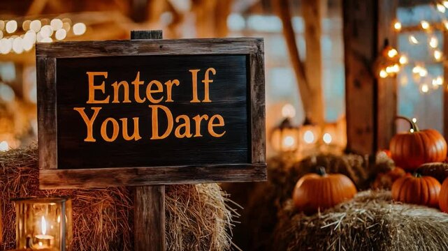 Scary Halloween decorations featuring a warning sign to enter with caution amid hay bales and festive lighting