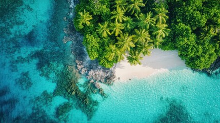 Aerial View of a Tropical Island with Palm Trees and White Sand Beach