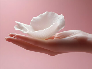 A delicate white flower resting gently in a hand, symbolizing purity and grace against a soft pink background.