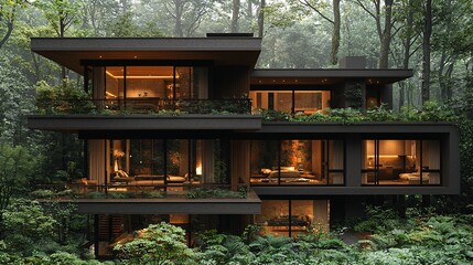 A luxury modern forest home with a wrap-around balcony, surrounded by dense greenery and tall trees