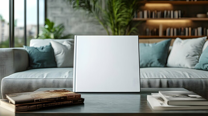Fototapeta premium Modern living room featuring a blank frame on a coffee table, ideal for showcasing artwork or photographs in a stylish setting.