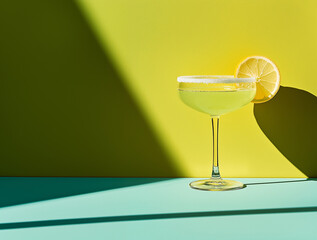 Margarita cocktail lime lemon garnish bright yellow green modern minimal elegant glass refreshing summer drink alcohol bar lounge mixology aesthetic stylish artistic branding advert copy space banner
