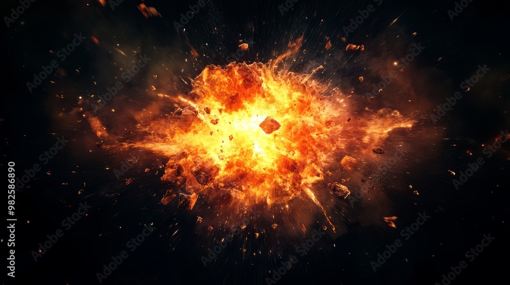 Wall mural fiery explosion with debris in mid-air on dark background.