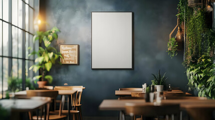 A cozy dining space with wooden tables, greenery, and a blank wall frame ready for artwork, creating a welcoming atmosphere.