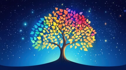 A vibrant, colorful tree with rainbow leaves set against a starry night sky, symbolizing growth and creativity.