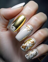 A photo of perfectly shaped nails with metallic gold and silver foil designs. 