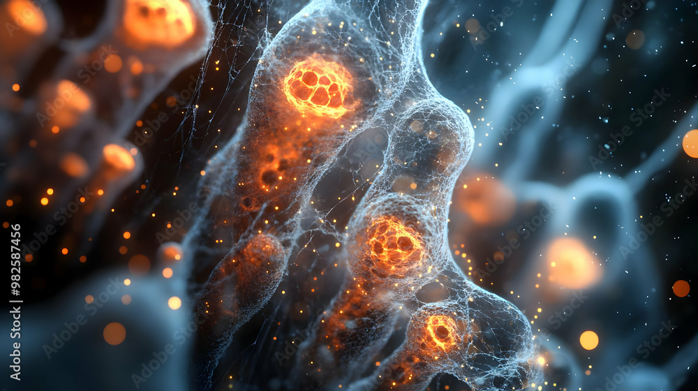 Poster detailed micrograph of glowing cells showcasing intricate structures and vibrant colors, perfect for
