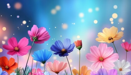 Vibrant flowers bloom against a dreamy background, creating a serene and colorful atmosphere perfect for nature lovers.