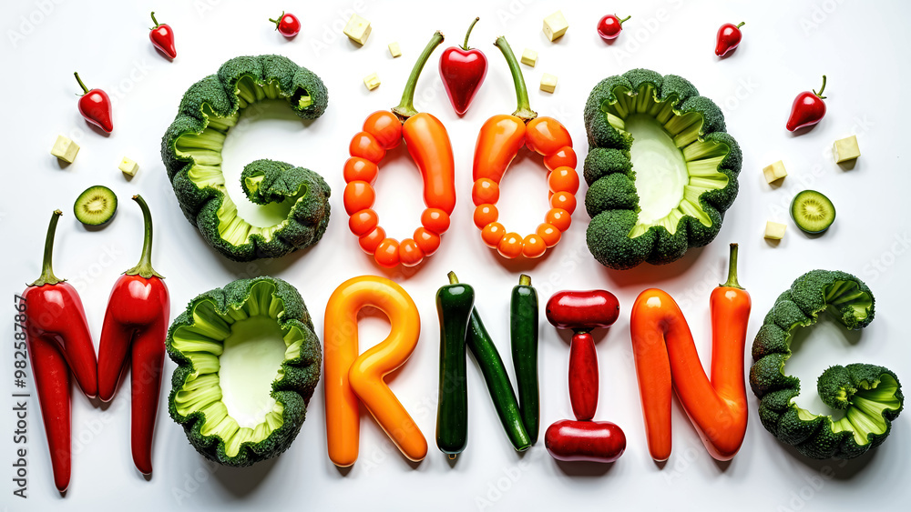 Poster a vibrant display of various vegetables artistically arranged to spell out good morning. the design 