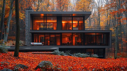 A modern home in the middle of an autumn forest, with bright red and orange leaves surrounding the property