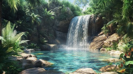 Tranquil Waterfall in Lush Tropical Jungle