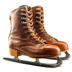 Vintage brown leather ice skates with silver blades, perfect for nostalgic ice skating enthusiasts and winter sports decoration.