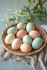 A cluster of pastel-colored eggs arranged in a circular pattern in a woven basket 