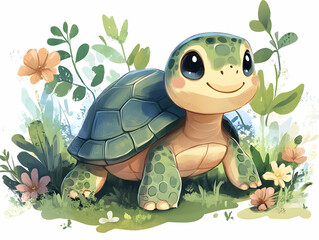 A cute cartoon turtle sitting in a lush garden filled with vibrant flowers and greenery, perfect for children's illustrations.