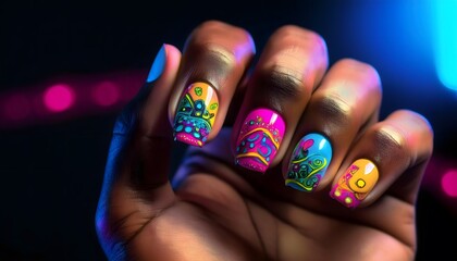 Bright neon nail polish design on a hand, with contrasting colors creating a bold and edgy.
