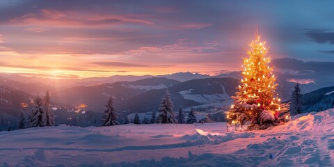 A Christmas tree with candles and lights stands lonely and romantic in a panoramic landscape with...