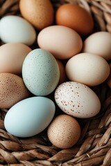 A cluster of pastel-colored eggs arranged in a circular pattern in a woven basket 