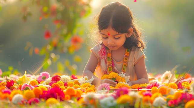 Minimalist Background of Traditional Bathukamma Festival: Indian Culture and Floral Art
