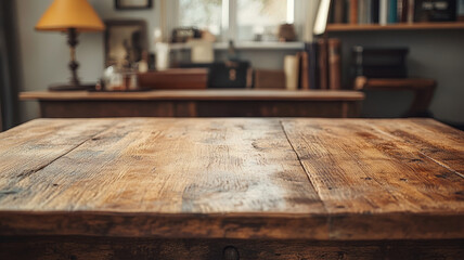 Rustic wooden table in a cozy home office setting.