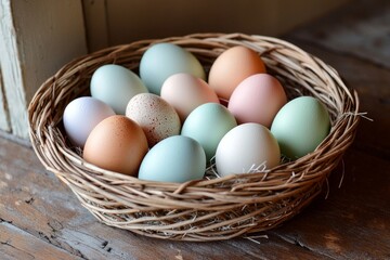 A cluster of pastel-colored eggs arranged in a circular pattern in a woven basket 