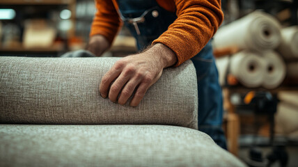 Close-up of a craftsman working on upholstery fabric.