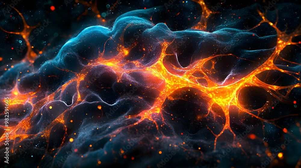 Poster abstract representation of glowing neural connections in vibrant colors, highlighting the complexity