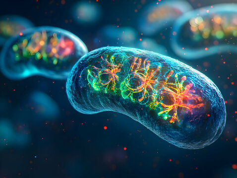 Colorful representation of a mitochondrion, highlighting its intricate structure and vital role in cellular energy production.