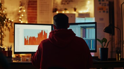 Focused individual analyzing data on dual monitors at a home office during the evening hours with warm ambient lighting