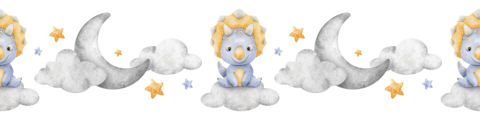 Blue baby dinosaur sitting on cloud, Crescent Moon, stars. Isolated hand drawn Watercolor seamless border. Background of triceratops for design children's room, kid's goods, scrapbook, baby shower