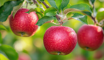 Obraz premium Red apples on a tree, Beautiful bright and colorful closeup shot. Created with Ai