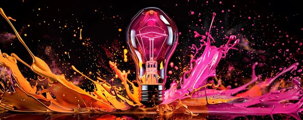 Creative light bulb explodes with colorful paint and splashes on a black background. Think differently creative idea concept
