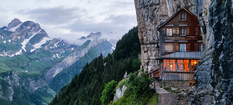 View at the famous mountain guesthouse Aescher at Ebenalp in the Swiss alps