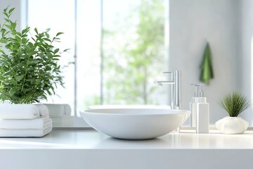 Fototapeta premium 3D rendering, empty white counter in bathroom, copy space on white table in blurred bathroom with generative ai