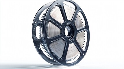 Obraz premium Detailed silver film reel with unspooled film strip, clear background.