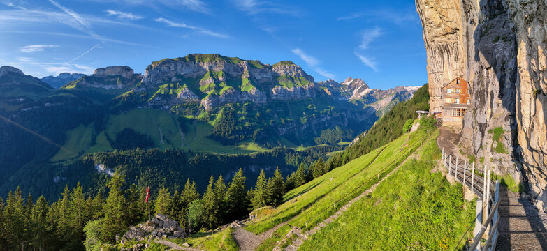 View at the famous mountain guesthouse Aescher at Ebenalp in the Swiss alps