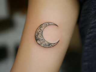 A detailed moon tattoo design on an arm, showcasing intricate patterns and a unique artistic style.