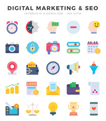 Set of Flat DIGITAL MARKETING & SEO Icons. Flat art icon. Vector illustration