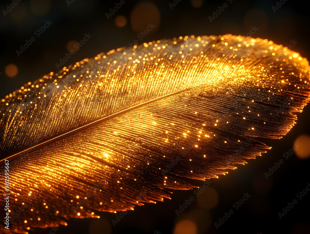 Poster a shimmering golden feather glistens with tiny particles of light, creating a magical and ethereal a