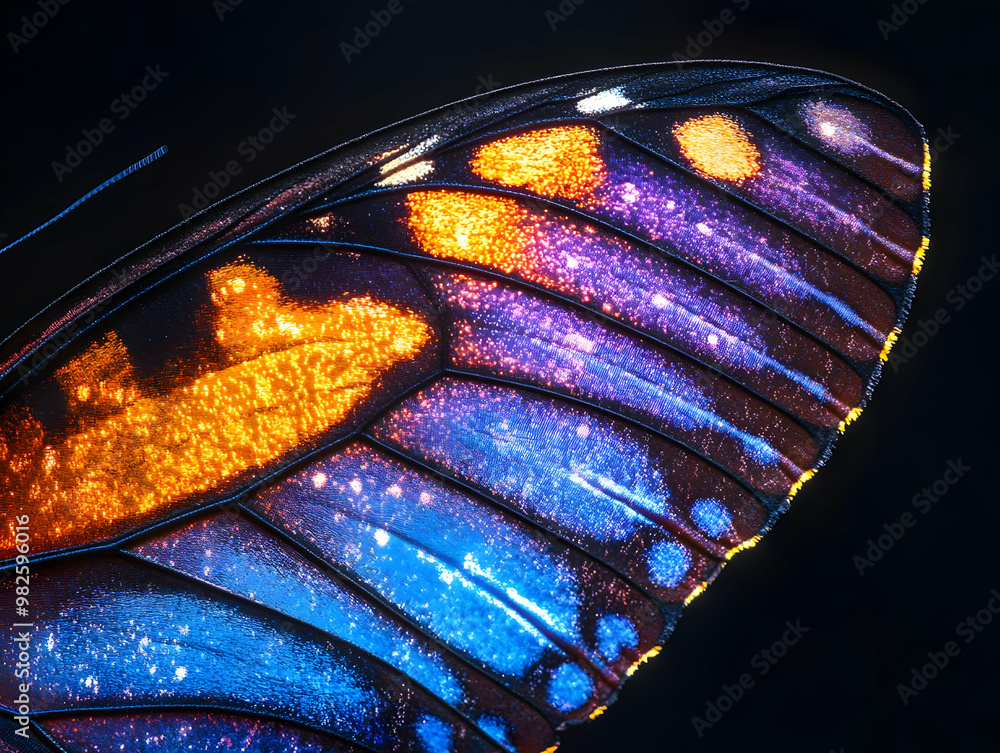 Poster a close-up view of a butterfly wing showcasing intricate patterns and vibrant colors reflecting ligh