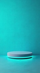 Minimalistic display platform with soft teal lighting, perfect for product showcasing or creative presentations.