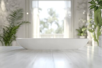 Fototapeta premium 3D rendering, empty white counter in bathroom, copy space on white table in blurred bathroom with generative ai
